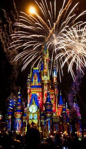 Cinderella Castle lit up with fireworks at Walt Disney World, Orlando